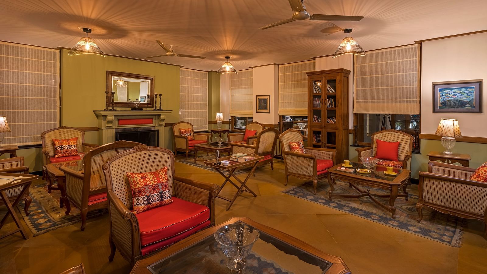 A cosy lounge with beautiful and calming and royal look at Fishermen's Lodge, Bhimtal.
