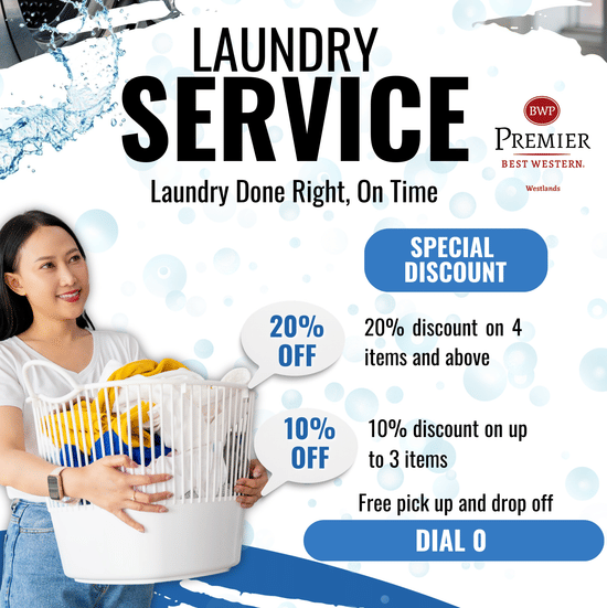 A promotional poster for Laundry service at Best Western Premier, Westlands, offering 20% off for 4+ items, 10% off for up to 3 items, and free pick up and drop off. A woman is holding a white laundry basket with clothes.