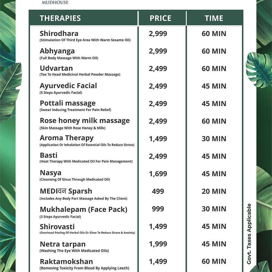 Tariff card for wellness treatments  at Themis Mudhouse- A Nature's Wellness Resort