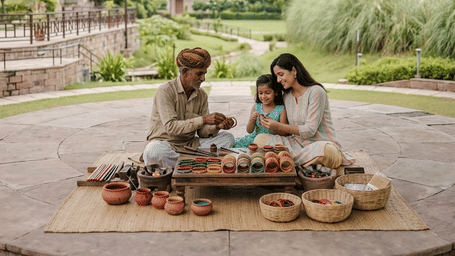 Couple enjoying a traditional outdoor meal on a raised stone platform overlooking a landscaped garden.