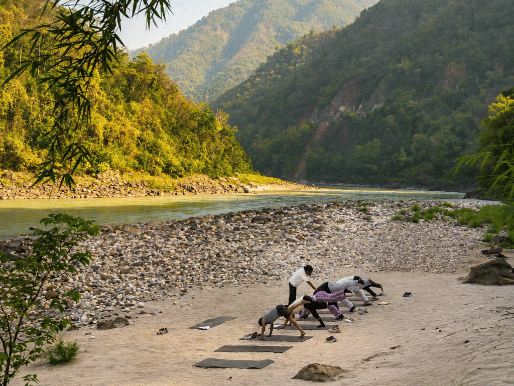 A group of people indulging into an early morning yoga session by the Ganges, with a beautiful backdrop of the hills.