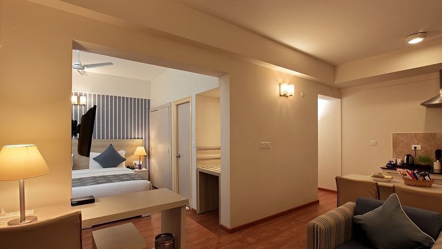 Living room of the suite at Starlit Suites, Bangalore with sofa seating