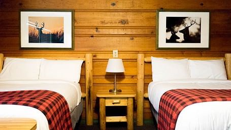 A wooden cabin with twin beds and a side table with a night lamp placed between them at Shaver Lake Village Hotel.