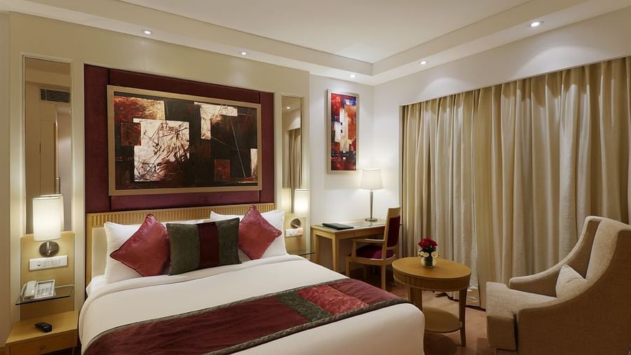 view of the double size bed at Executive double room of Inde Hotel Vista Woods, Gurgaon 