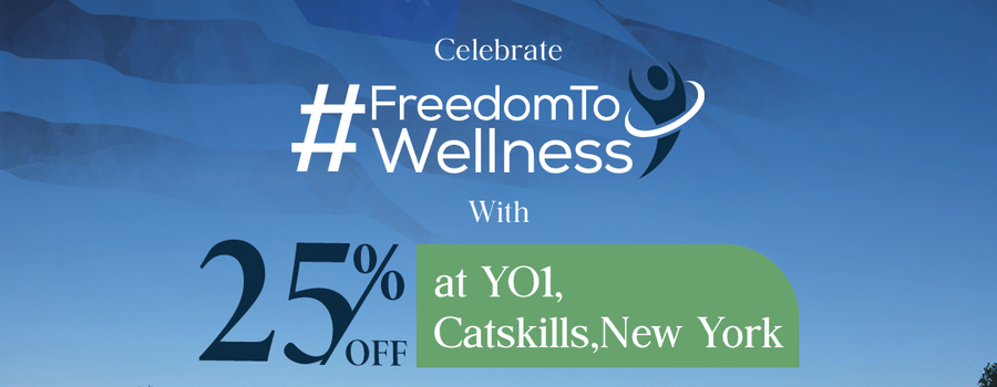Promotional banner for wellness programs at YO1, Catskills, New York, offering a 25% discount, featuring a group yoga session with a serene outdoor backdrop.