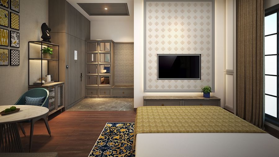 A stylish hotel room with a minimalist design, a large bed, comfortable furnishings, and soft lighting to create a relaxing space - Sarovar Premiere, Amritsar