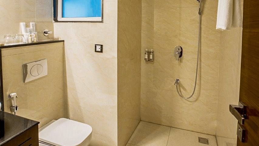 A bathroom featuring a commode and a shower area besides it at Regenta Inn DLS.