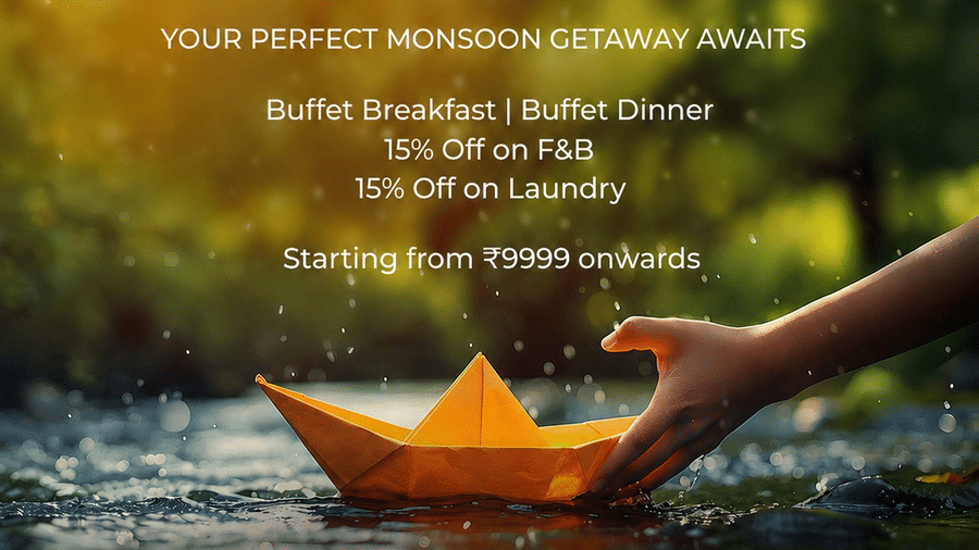 Monsoon package offer banner featuring a relaxing beachside stay with buffet meals, dining discounts, and laundry benefits starting at INR 9,999 onwards.