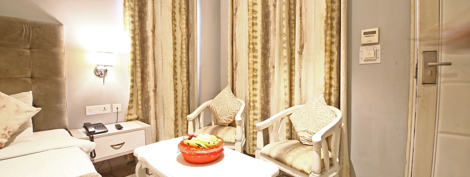 a room with a table and two chairs