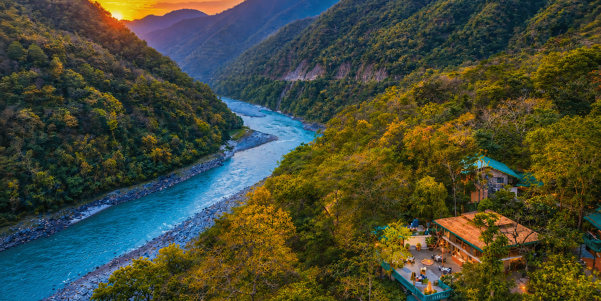 Aerial view of the Neemran's Glasshouse on The Ganges, Rishikesh, surrounded by lush greenery by the river banks, along with a mesmerising sunset in the background.