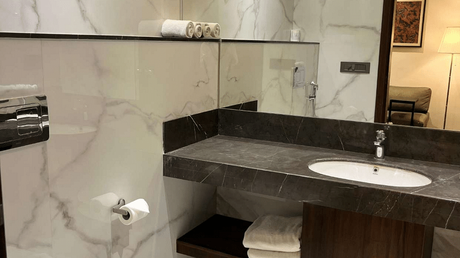 a view of the washroom with wash basin and shower facilities of  premium city view twin bed  room at Aura Boutique Hotel, Udaipur
