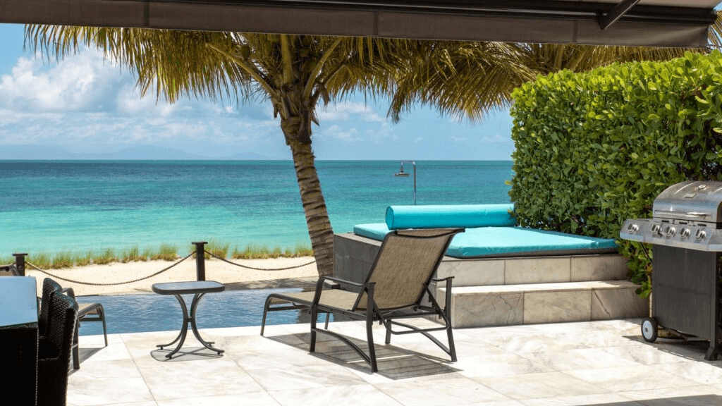 An outdoor seating area with a table, chairs, and a grill is positioned under a canopy next to a beach with palm trees and the ocean.