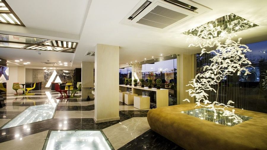 Hotel Lobby with a decorative piece made with lights at Art Boutique Hotel, Hyderabad 