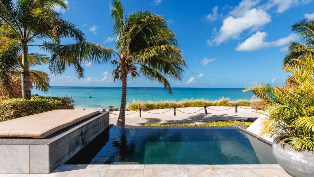 Infinity-edge plunge pool overlooking a pristine beach with turquoise waters, framed by palm trees and tropical plants under a bright blue sky - Tamarind Hills Resort and Villas 