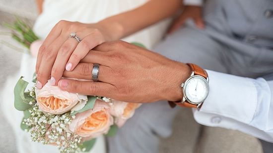 A close-up of a bride and groom