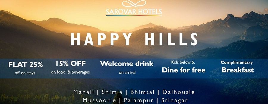 Happy Hills banner for Sarovar Hotels & Resorts showcasing offer discounts with a sunset-lit mountain landscape in the background