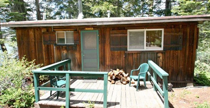 A weathered wooden cabin with a trimmed door and porch sits amidst a dense forest. - Kit Carson Lodge