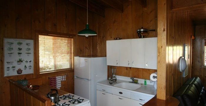A compact cabin kitchen with warm wood paneling and kitchen appliances, - Kit Carson Lodge