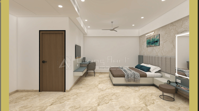 A contemporary hotel bedroom with a large bed, gray tufted headboard, and cream-colored tile flooring, illuminated by soft recessed ceiling lights for a clean, minimalist aesthetic.
