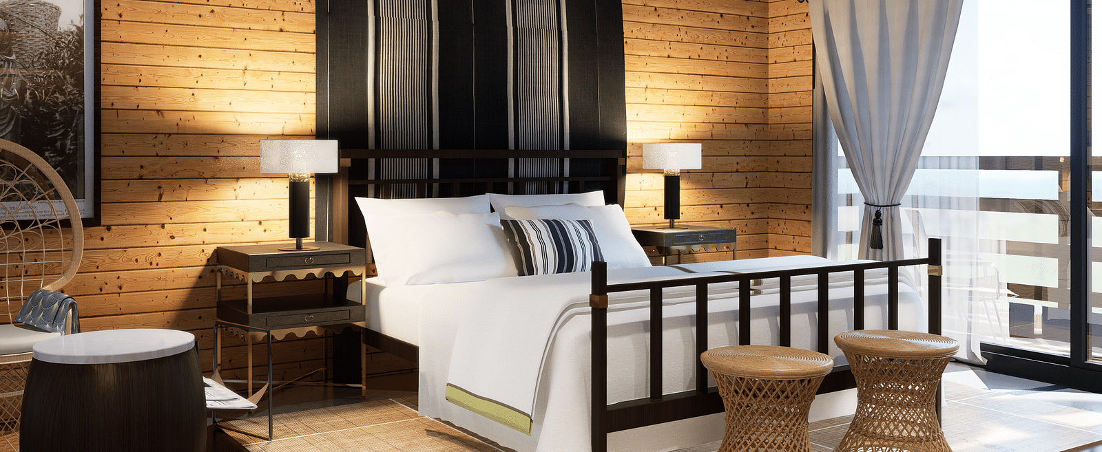 A bedroom with a bed, lamps, patterned drapes, a chair, and a balcony view - Rhino and River BluSalzz Collection, Pobitora