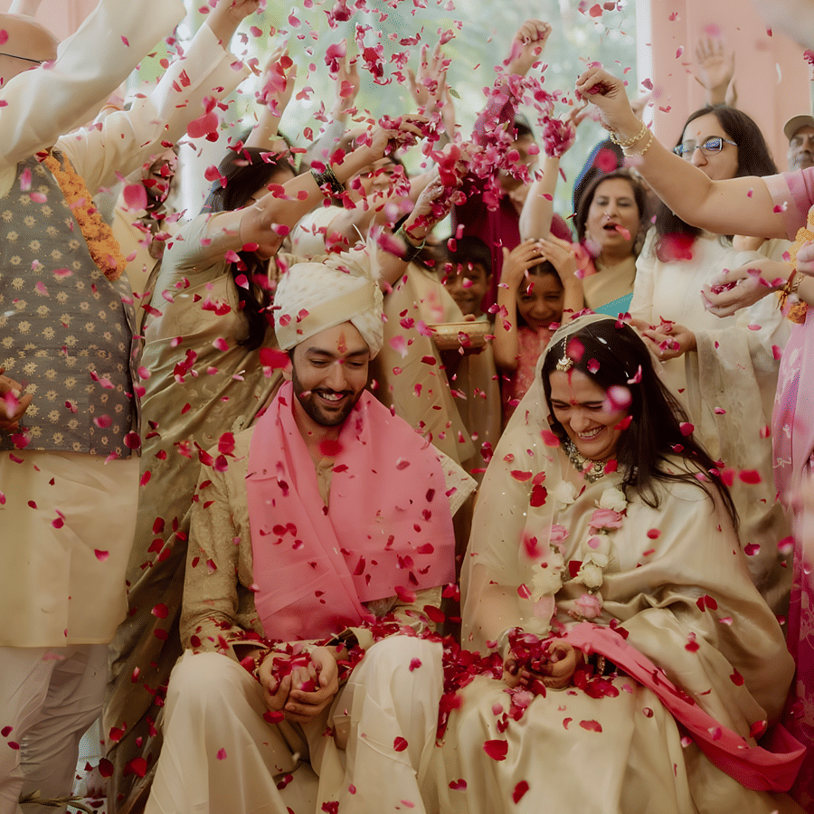 Guests celebrating with flowers during wedding function of Charvi & Dhruv at Umaid Palace.