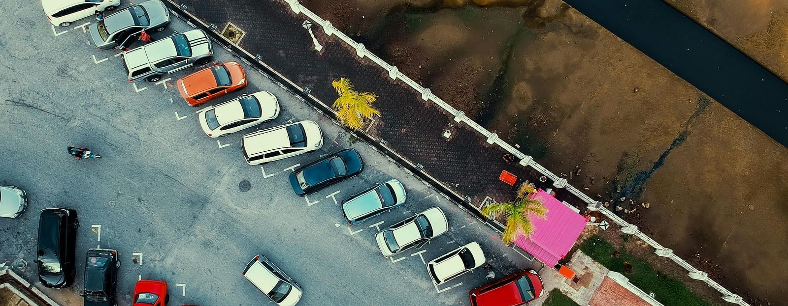 An aerial view of a parking lot
