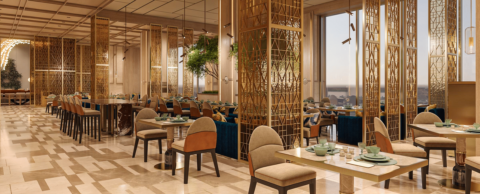 A restaurant seating area with pillars, modern flooring and interior