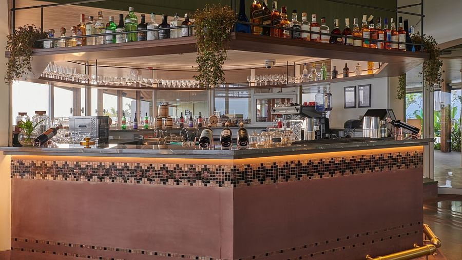 Bar counter with a variety of liquor bottles arranged neatly at The Dukes Retreat