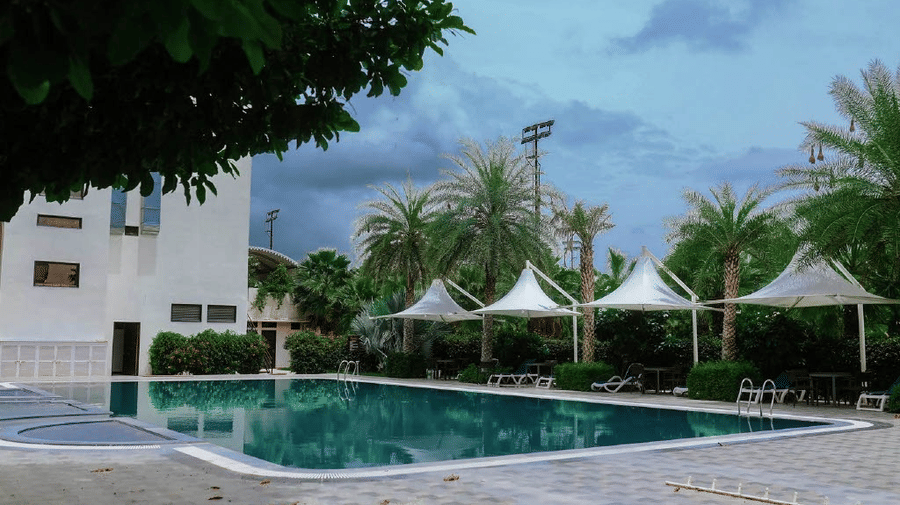 The swimming pool at the Arawali Ananta Elite Jaipur hotel with lounge chairs and umbrellas, surrounded by palm trees