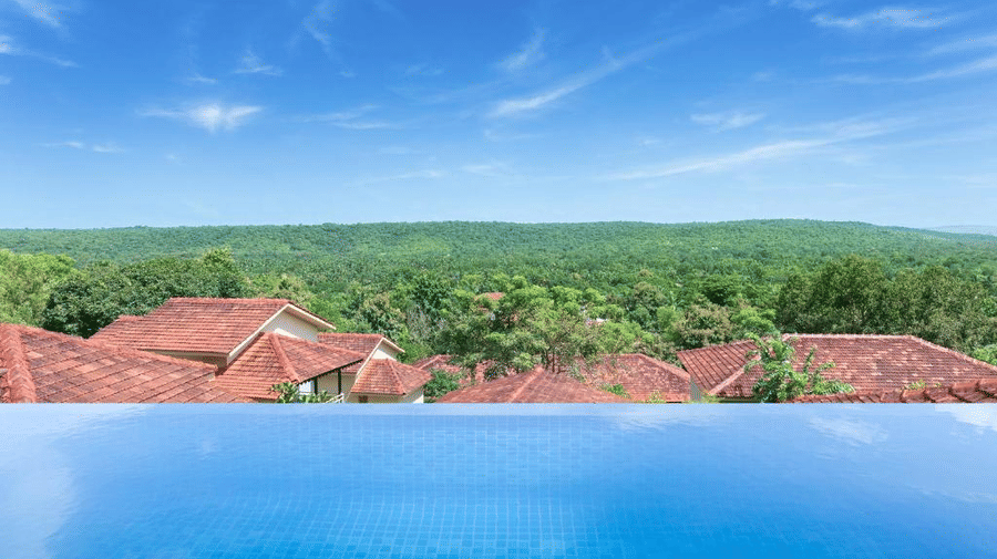 The calm surface of the waters of the infinity pool mirroring the blue sky at the Presidential Suite, overlooking the lush green jungle - Golden Tulip Goa Mandrem