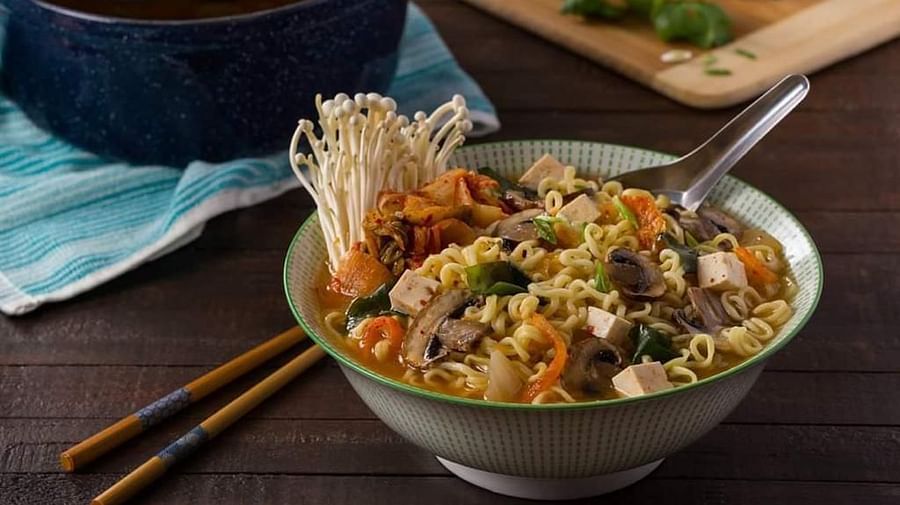 mushroom noodles in a bowl