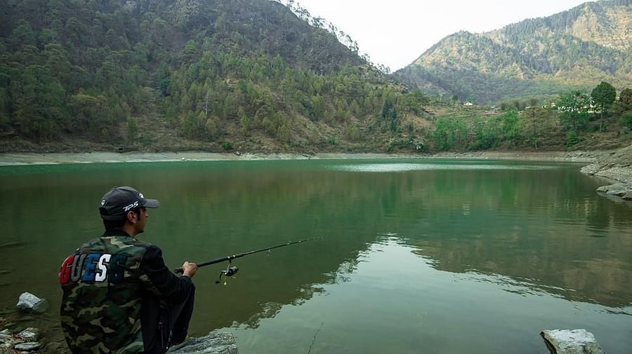 Person fishing by a calm lakeside surrounded by hills and forest.