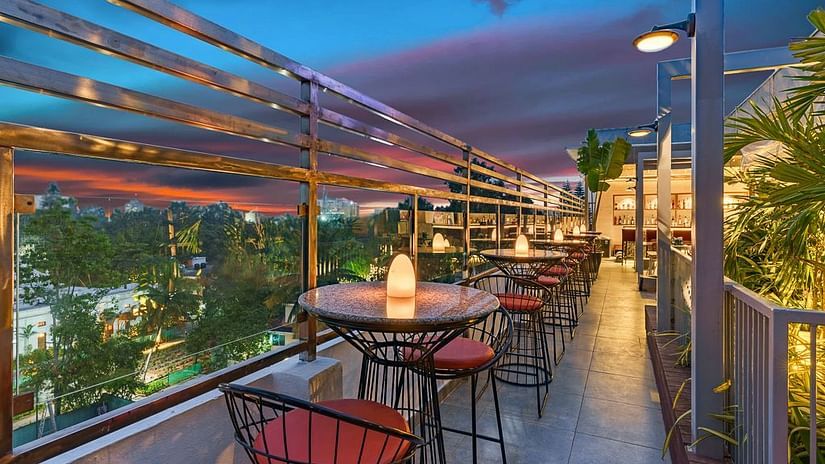 A picturesque view of the Tree Tops Restaurant, beautifully framed by a dark blue sky and soft ambient lighting