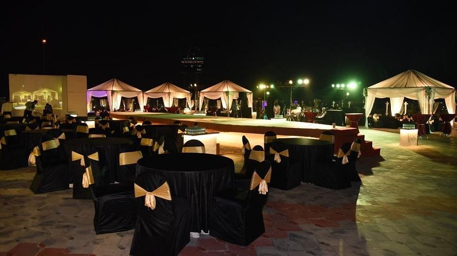 cluster seating arrangement at stage setup at our rooftop event venue in vile parle at the orchid hotel mumbai