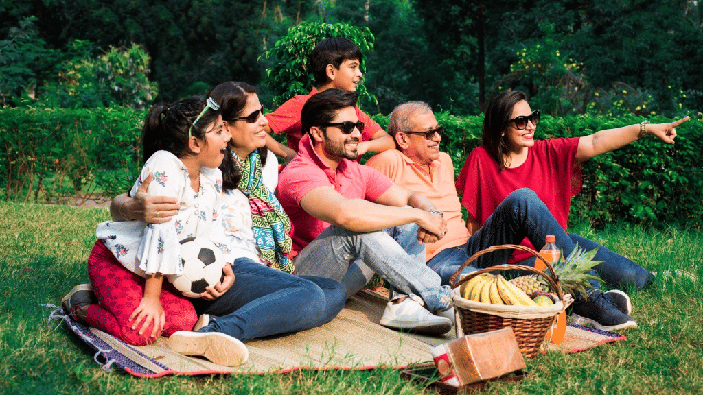 A family of 6 people enjoying at the park.