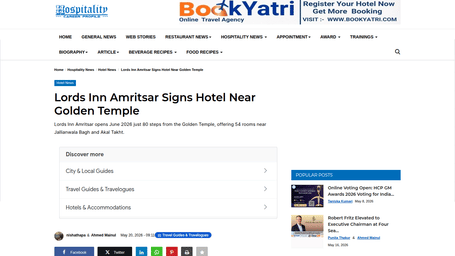 An article by Hospitality Career showcasing a new property launch by Lords in Amritsar.
