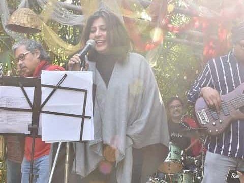 Outdoor music performance with a singer and musicians on stage during an event at Karma Chalets.