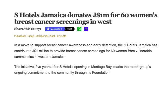 A news article headline announcing S Hotels Jamaica’s donation towards providing breast cancer screenings for women in underserved communities, reflecting the foundation’s healthcare support initiatives.