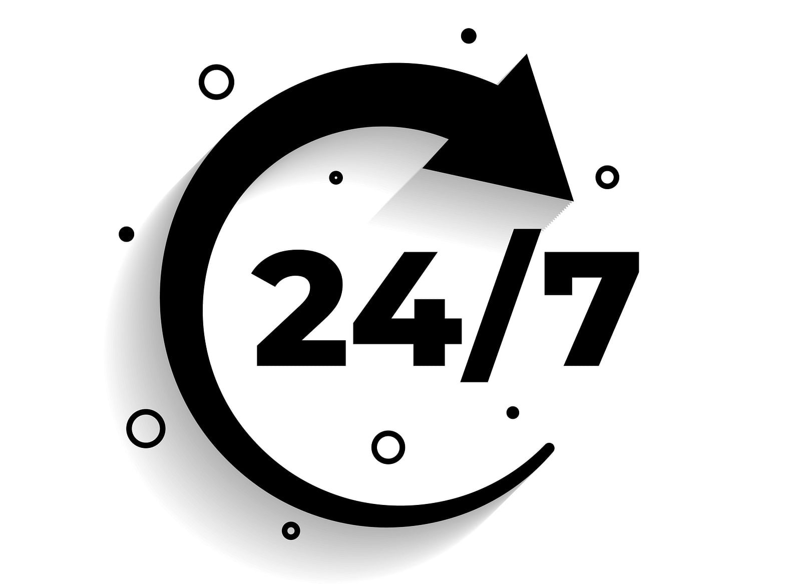 Black and white 24/7 icon with a circular arrow symbolising round the clock service or availability.