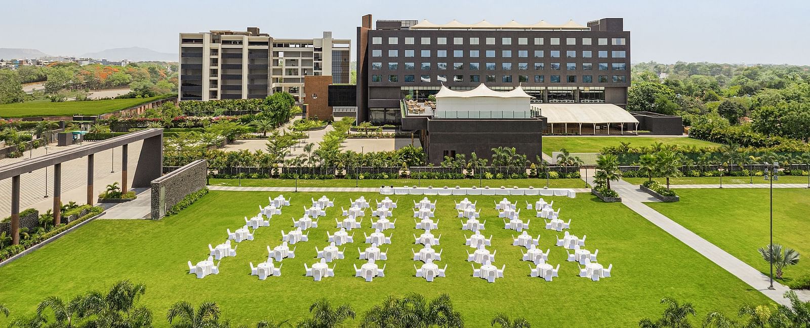 Aerial view of seating arrangement at Orion Lawn at Essentia Luxury Hotel, Indore 