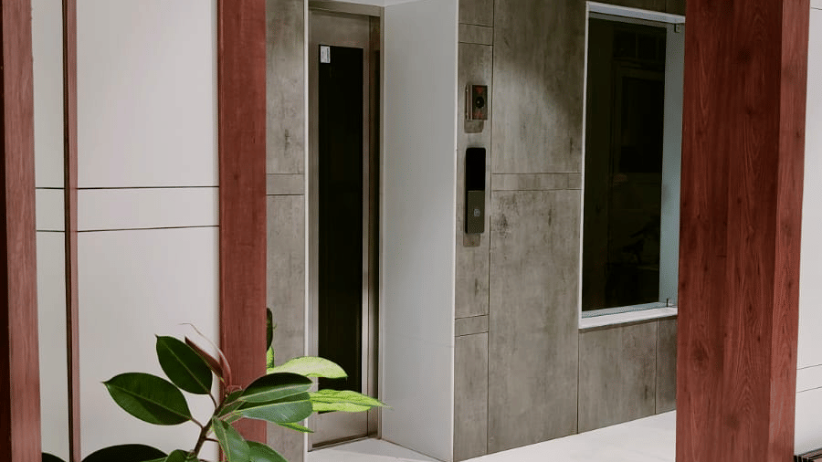 A hallway entrance with a potted plant next to a wooden archway - Hotel Dolphin Puri