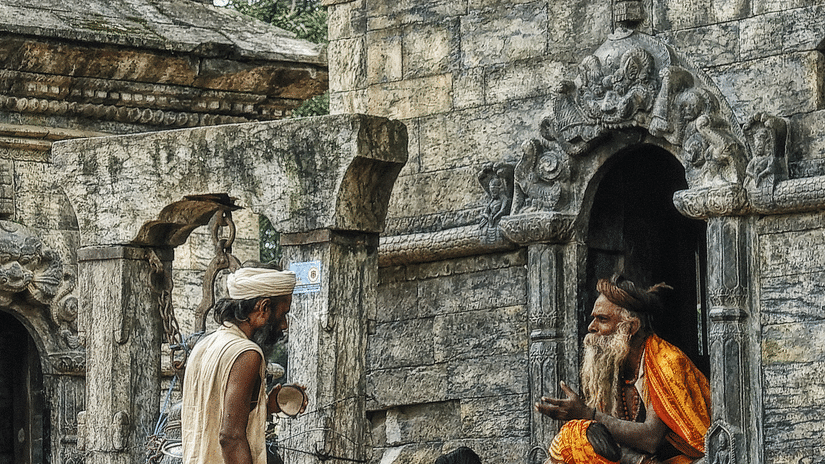 Four priests resting on an ancient temple's steps talking