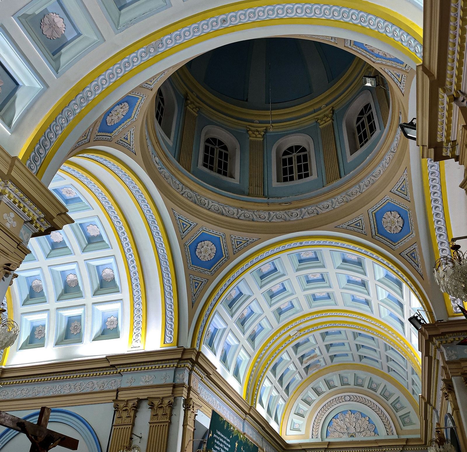 An overview of the interior of a church in Pondicherry with domes in view