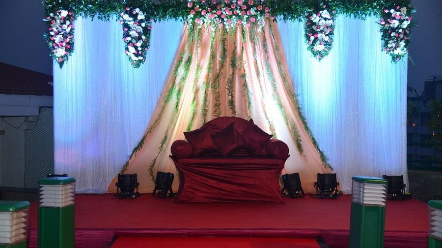banquet decor set up for a wedding ceremony - The interior of the banquet hall prepped for a
