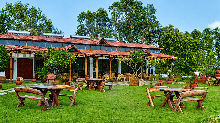 Paanam - The Bar outdoor lawn seating with wooden picnic tables and lush greenery, offering a relaxing open-air spot to unwind
