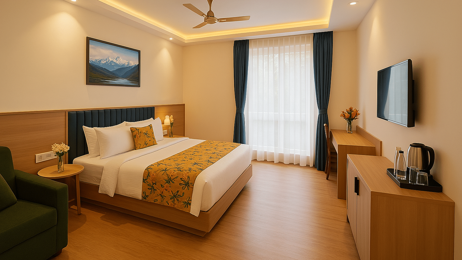 Side view of King Executive Room with a cosy king sized bed, wall-mounted TV, and elegant ceiling design at Summit Norling Resort & Spa, Gangtok