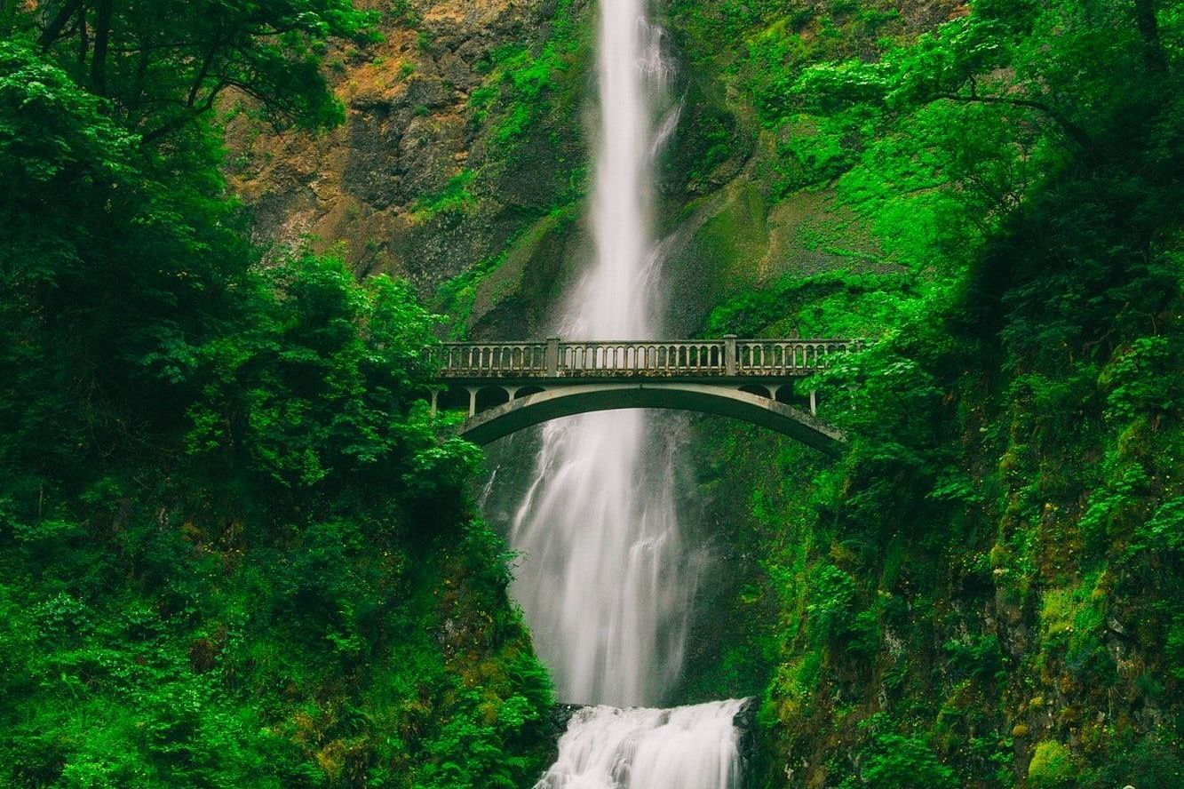 a shot of a waterfall cascading through the mountain covered by greenery.