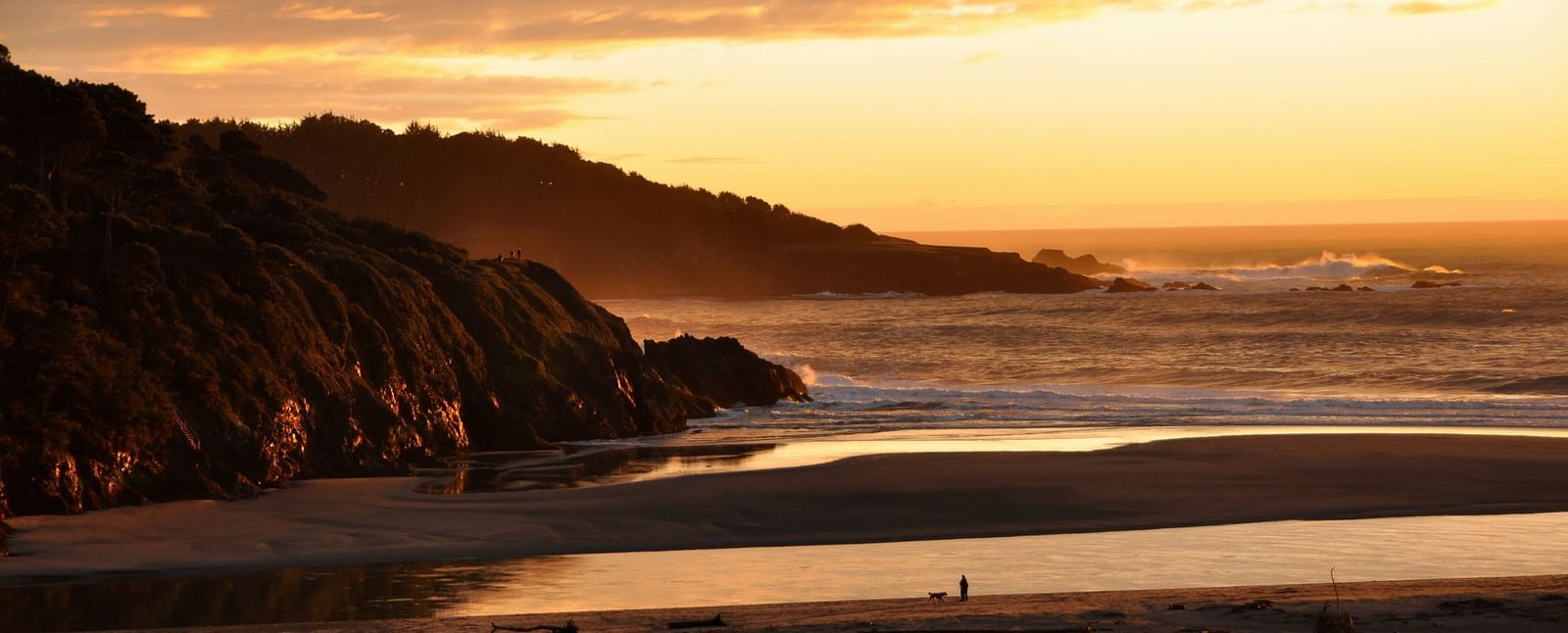 A woman walking her dog on a beach during a sunset which fills the sky with golden hues - Brewery Gulch Inn & Spa