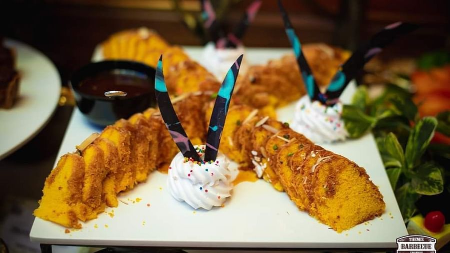 An image of an exquisite dessert served on a plate at Themis Barbecue House, NSP Pitampura