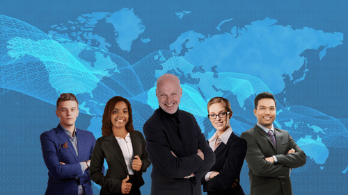 A group of people posing for a picture in front of the world map.